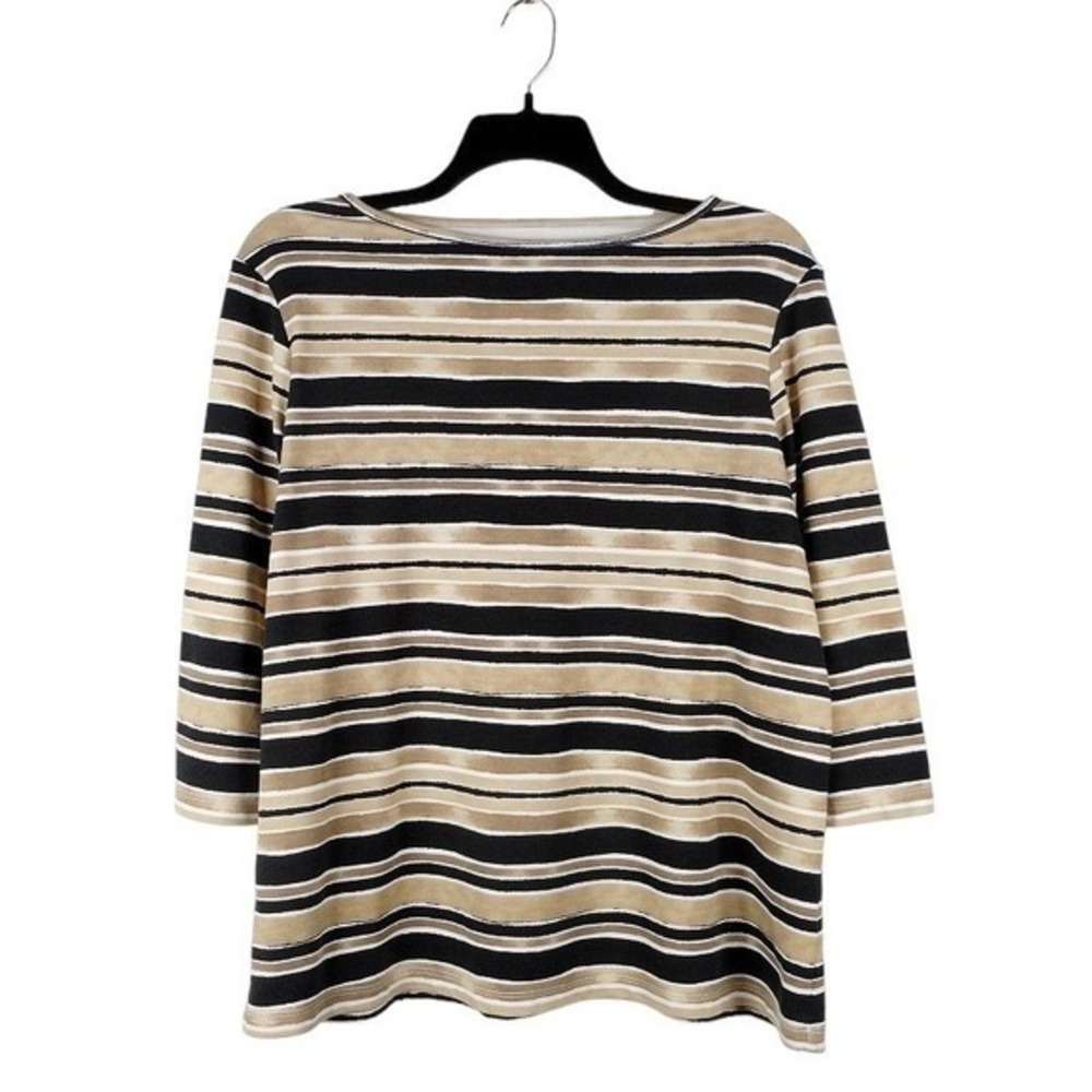 Bedford Fair Womens Top XL Beige Black 3/4 Sleeve Boatneck Striped Relaxed
